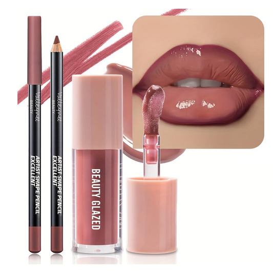 Berry Mauve Lip Gloss & Liner Duo - Achieve Juicy, Plump Lips with High Shine & Volume!